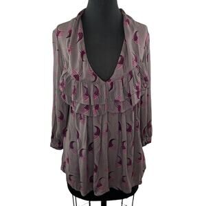 ULF ANDERSON Pink Gray Printed Ruffled Blouse Long Sleeve Sheer Top USA XL